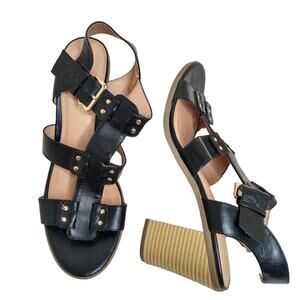 American Eagle Black Open Toe Heels Size 9.5 Chunky Heel Gold Studs Straps